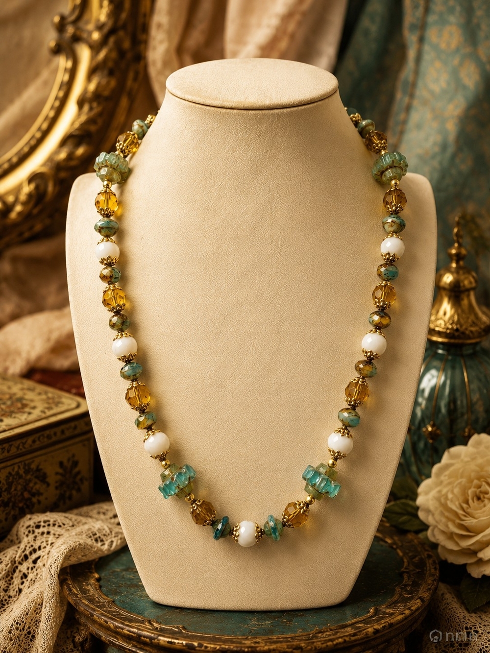 Elegant Turquoise & Amber Beaded Necklace by